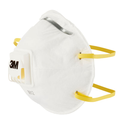 A 3M™ Cool Flow™ Particulate Respirator 8812, FFP1 with valve (from 3M Deutschland GmbH) with a metal nose clip, yellow elastic bands, and a white exhalation valve is seen against a neutral background.