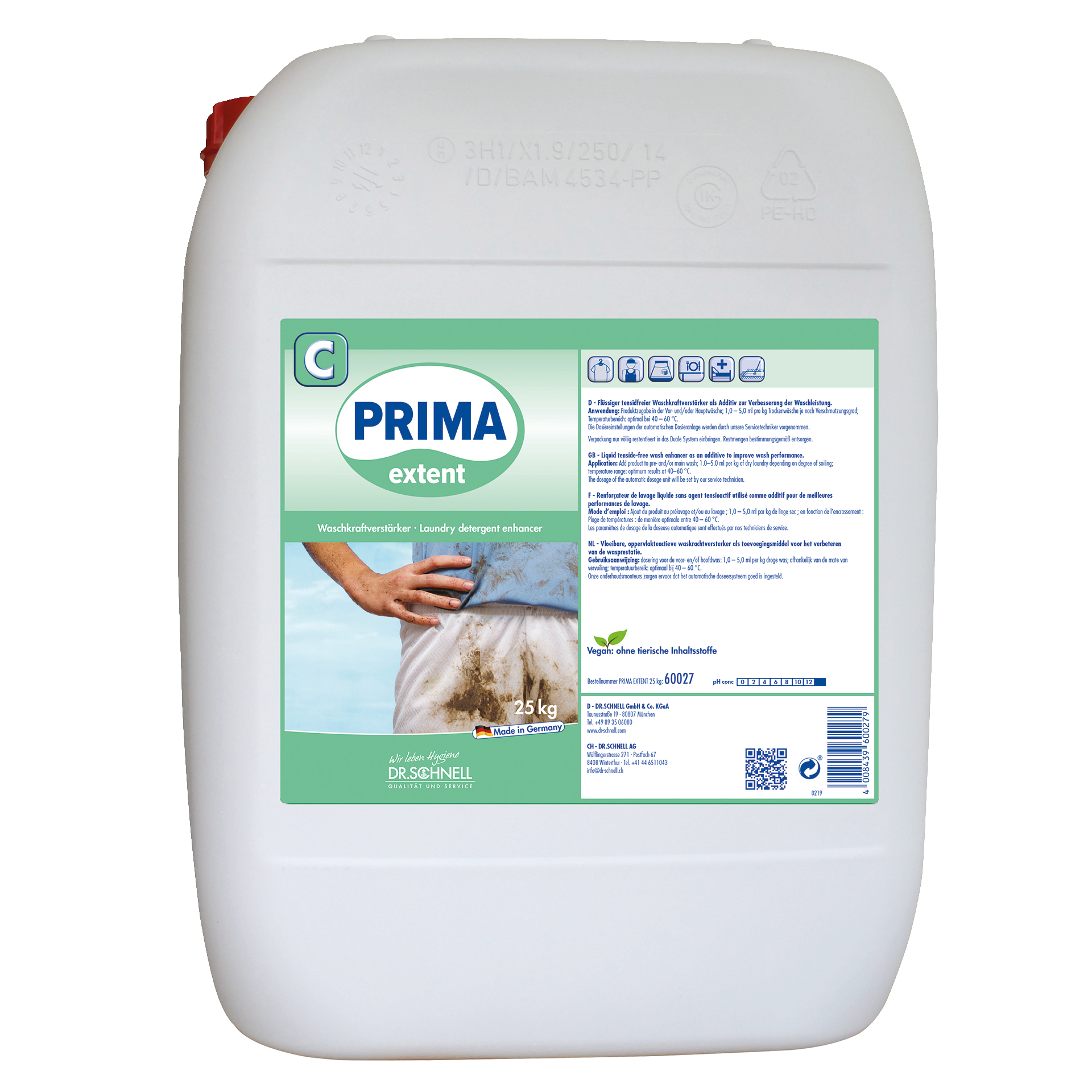 Ein weißer Kunststoffbehälter mit 25 kg Dr. Schnell PRIMA EXTENT Waschmittelverstärker von DR.SCHNELL GmbH & Co. KGaA, entwickelt für die professionelle Reinigung, mit dem Bild eines schmutzigen Hemdes und mehrsprachigen Anweisungen auf dem Etikett.