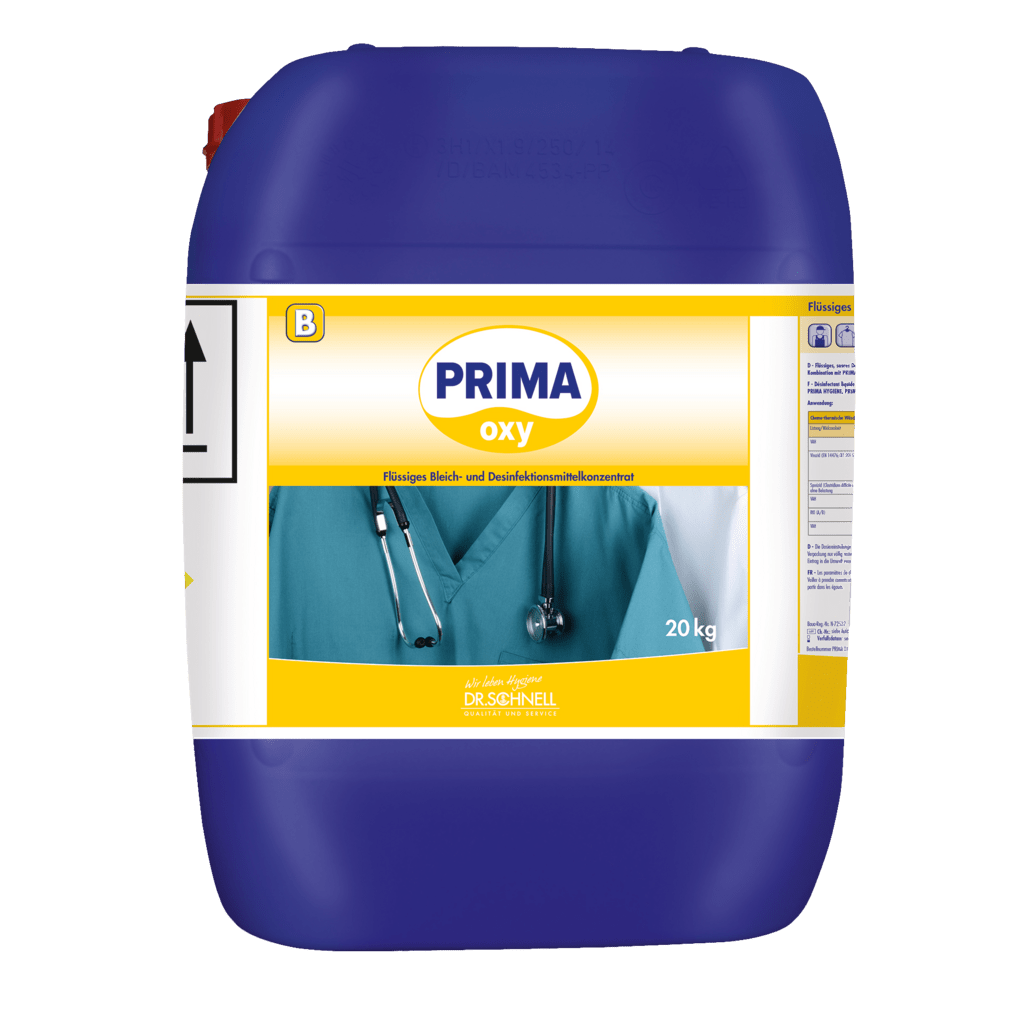 A large blue 20 kg Dr. Schnell PRIMA OXY laundry disinfection automatic dosing container of DR.SCHNELL GmbH & Co. KGaA for professional laundry disinfection, with medical motif, for use as a liquid bleach and disinfectant concentrate.