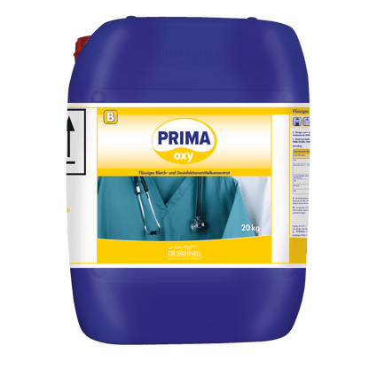 A large blue 20 kg Dr. Schnell PRIMA OXY laundry disinfection automatic dosing container of DR.SCHNELL GmbH & Co. KGaA for professional laundry disinfection, with medical motif, for use as a liquid bleach and disinfectant concentrate.