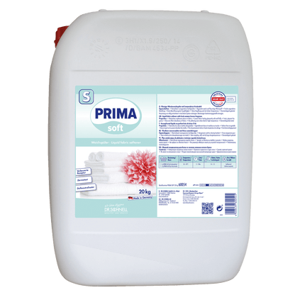 Ein weißer 20-kg-Kunststoffbehälter von Dr. Schnell PRIMA SOFT soft Weichspüler der DR.SCHNELL GmbH & Co. KGaA, mit einem blau-weißen Etikett mit gefalteten Handtüchern, einer rosafarbenen Blume und Produktangaben in deutscher Sprache.