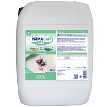 Ein weißer 20-kg-Kunststoffbehälter mit der Aufschrift "Dr. Schnell PRIMA SAN ALKA" der DR.SCHNELL GmbH & Co. KGaA, ein alkalischer Reiniger für den professionellen Gebrauch, mit Anleitungen, Logos, einer Abbildung eines verschmutzten Tuchs und Sicherheitshinweisen für gewerbliche Anwendungen.