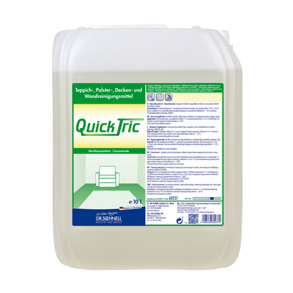 Ein 10-Liter-Kunststoffbehälter von Dr. Schnell QUICK TRIC von DR.SCHNELL GmbH & Co. KGaA, ein konzentriertes Reinigungsmittel für die professionelle Reinigung von Teppichen, Polstern, Decken und Wänden; das Etikett enthält Anweisungen und die Abbildung einer Couch und eines Teppichs.