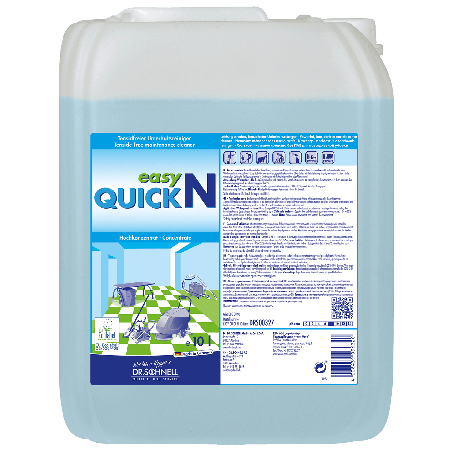 A 10-liter container Dr. Schnell EASY QUICK by DR.SCHNELL GmbH & Co. KGaA displays instructions, application symbols, and images of clean surfaces on its label, making it suitable as a versatile cleaner for professional use.