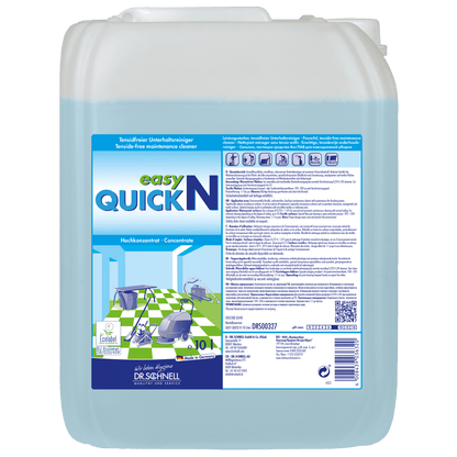 A 10-liter container Dr. Schnell EASY QUICK by DR.SCHNELL GmbH & Co. KGaA displays instructions, application symbols, and images of clean surfaces on its label, making it suitable as a versatile cleaner for professional use.
