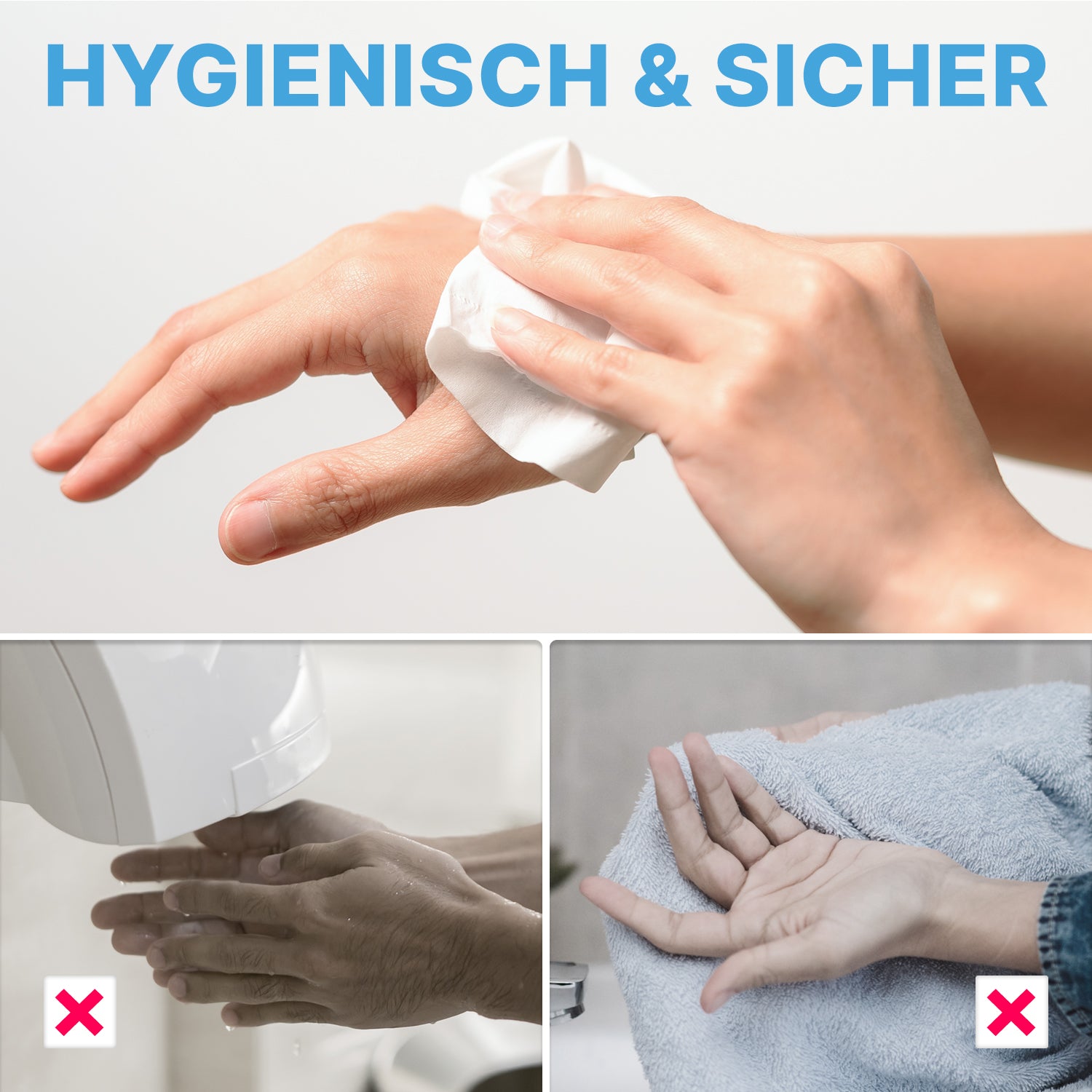 Eine Hand wird mit einem feuchten Tuch gereinigt; darunter werden die Hände mit einem Lufttrockner und einem Handtuch getrocknet (beide mit X gekennzeichnet). Der obere Text lautet "HYGIENISCH & SICHER"-ideal für Waschräume mit ARNOMED PAPIERHANDTÜCHER 25 x 23 cm | V-FALZ von ARNOWA GmbH.