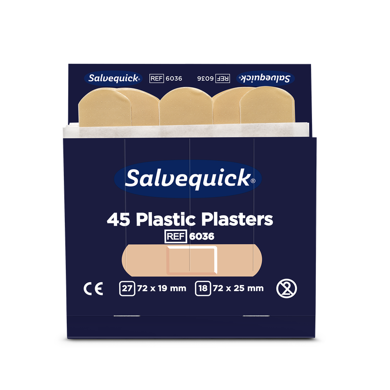 A box of Orkla Wound Care AB plastic bandages, 45 pieces/refill (6 packs), with four beige bandages. The pack offers two flexible wound care sizes: 27 x 72 × 19 mm and 18 x 72 × 25 mm.