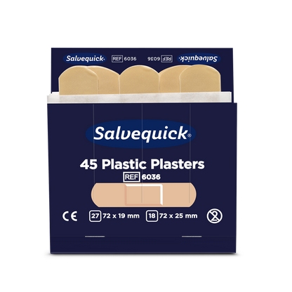 A box of Orkla Wound Care AB plastic bandages, 45 pieces/refill (6 packs), with four beige bandages. The pack offers two flexible wound care sizes: 27 x 72 × 19 mm and 18 x 72 × 25 mm.