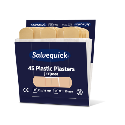 An opened box of Orkla Wound Care AB plastic bandages, 45 pieces/refill | pack (6 pieces), contains beige bandages with product details, size, and certification symbols on a dark blue packaging.