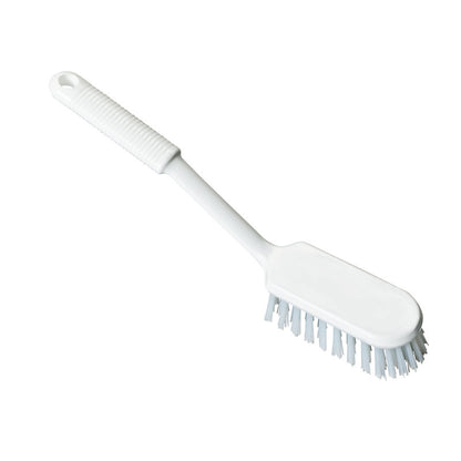 The Haug Bürsten KG handle scrubbing brush PBT soft with a long handle, ideal for the food industry, is shown in white with a long handle against a plain white background.