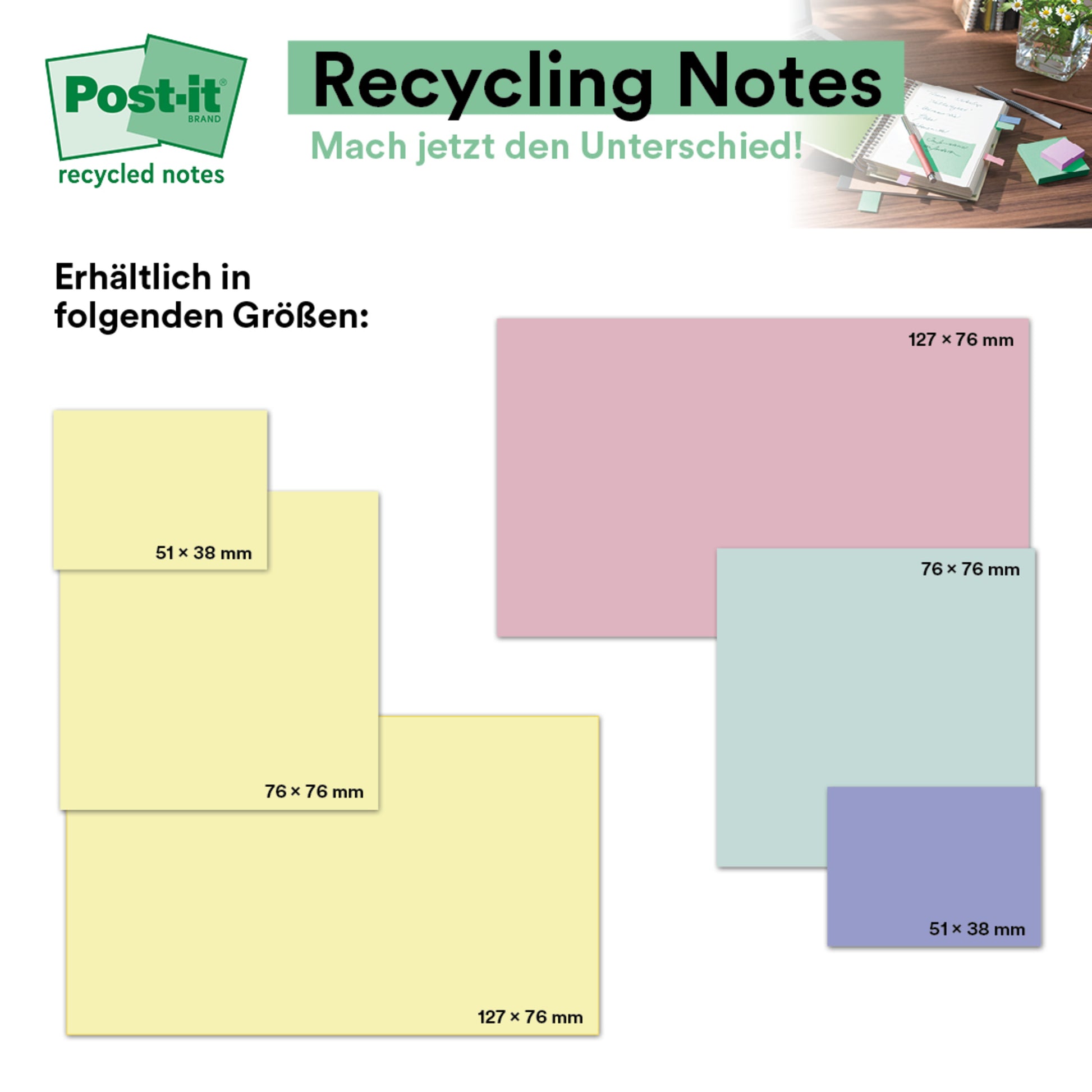 Die Tabelle zeigt die verfügbaren Größen der Post-it® Recycling Notes (38x51 mm, 76x76 mm, 127x76 mm) von 3M Deutschland GmbH. Hergestellt aus 100% PEFC-zertifiziertem Papier. Der Text in deutscher Sprache wirbt für das Recycling und für einen anderen Umgang damit.