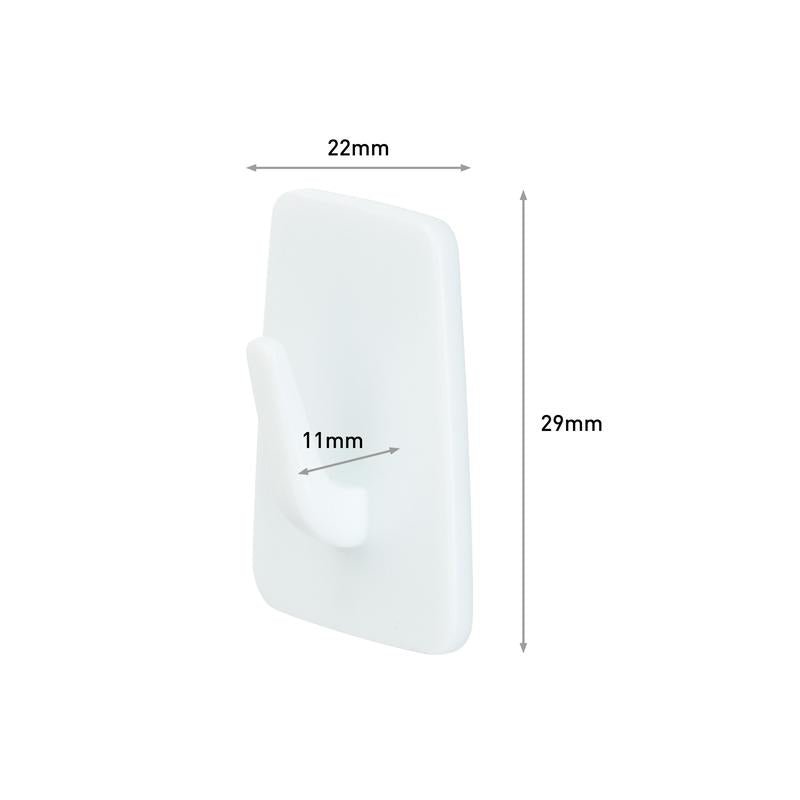 The Command™ Mini-Hook, 17066 by 3M Deutschland GmbH, is a white plastic wall hook for small spaces. It has a simple rectangular shape with rounded edges and measures 22 mm in width, 29 mm in height, and 11 mm in depth.