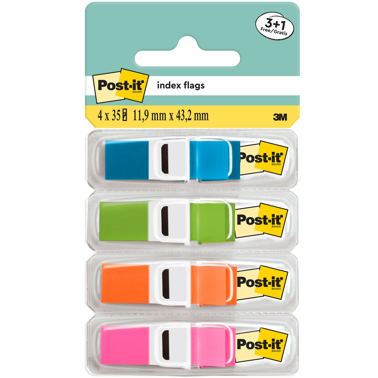 Eine Packung 3M Post-it® Index Haftstreifen, Mini, in 4 transparenten Farben (blau, grün, orange, pink), jeweils in einem durchsichtigen Spender mit dem Post-it® Logo. Auf dem oberen Etikett sind 35 Fähnchen/Spender aufgeführt, Größe: 11,9 x 43,2 mm; 3+1 gratis pro Packung.