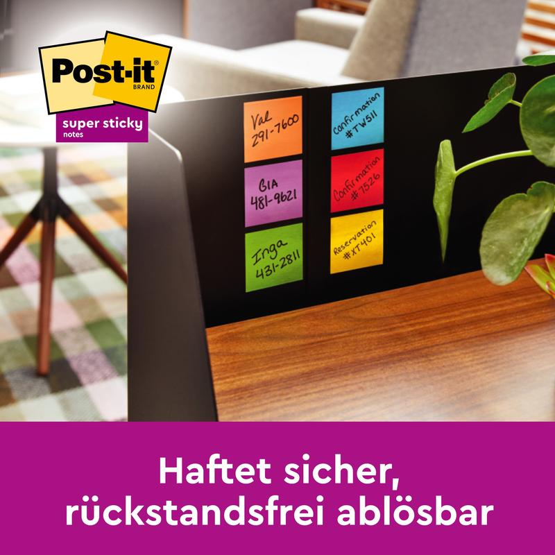 A computer monitor with six colorful Post-it® Super Sticky Notes (3M Deutschland GmbH), 76x76 mm, next to a plant. Text: "Sticks securely, removable without residue." 45 sheets/pad, 3 pads/pack, 100% PEFC.