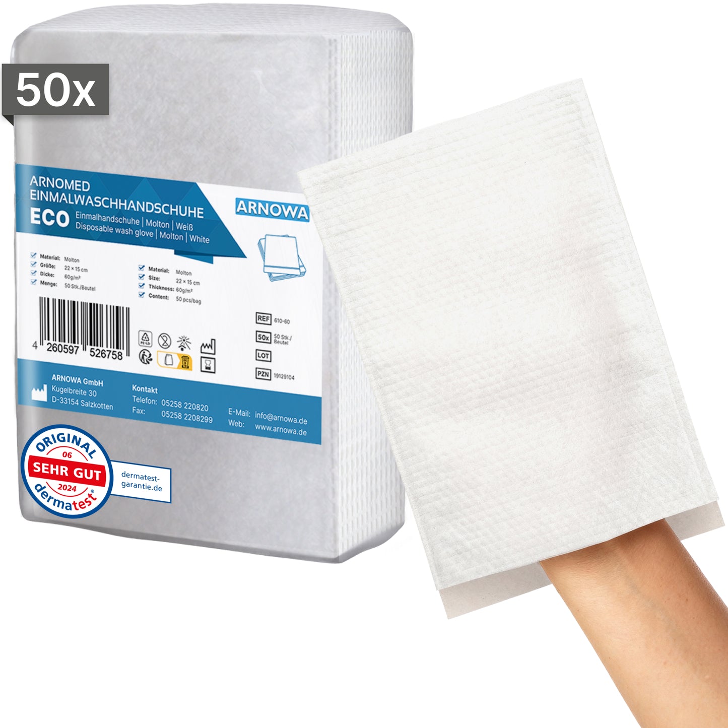 Pictured is a bag with 50 ARNOMED disposable wash gloves made of molton from ARNOWA GmbH. One glove is worn on a hand, in the background the Dermatest seal and the product label can be seen.