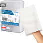 Pictured is a bag with 50 ARNOMED disposable wash gloves made of molton from ARNOWA GmbH. One glove is worn on a hand, in the background the Dermatest seal and the product label can be seen.
