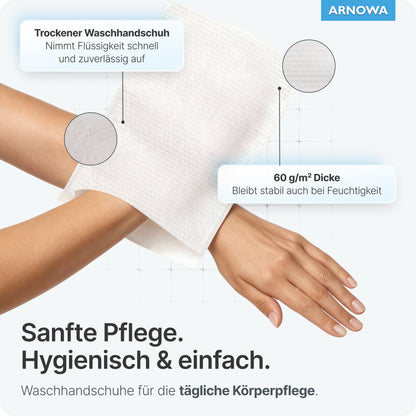 The left hand of a person is wearing an ARNOMED disposable wash glove made of molton from ARNOWA GmbH, while the right hand touches it. Highlights: absorbent, stable at 60 g/m², Dermatest seal, ideal for daily skin and body care. Bag: 50 pieces.