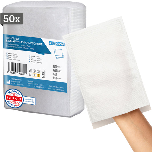 Abgebildet ist eine Packung mit 50 ARNOMED Einmalwaschhandschuhen aus Molton (75g/m²) von ARNOWA GmbH. Ein Handschuh ist auf einer Hand abgebildet, um Größe und Beschaffenheit zu verdeutlichen. Das Dermatest-Qualitätszeichen und die Kontaktinformationen sind auf der Verpackung sichtbar.