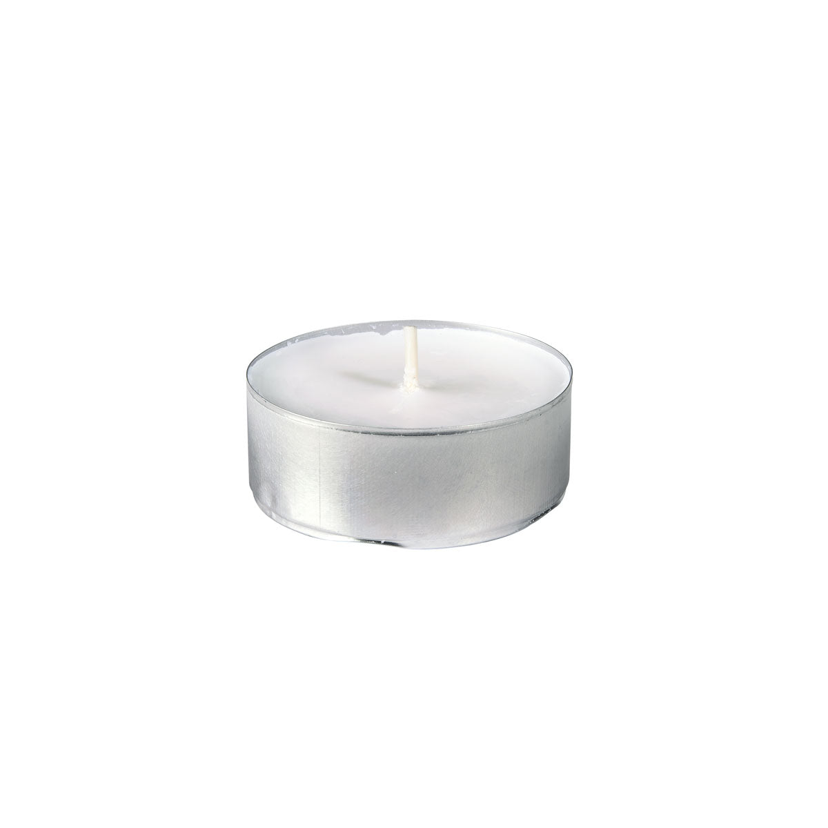 The Duni GmbH Rechaud candles 60 mm, white, ideal for buffets and celebrations, come in a pack of 20 pieces. Each tealight in a silver metal holder offers 10 hours of burn time and is depicted on a plain white background.