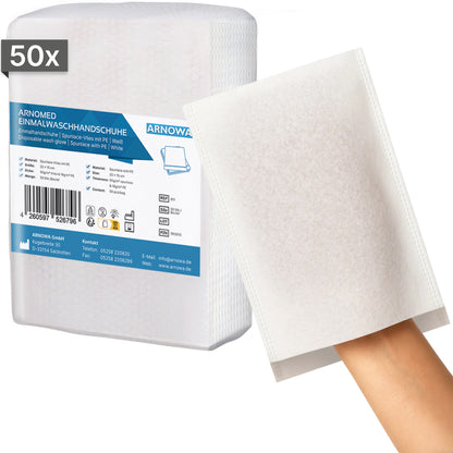 A hand is wearing an ARNOMED disposable wash glove Spunlace with PE (water-repellent) by ARNOWA GmbH in front of a pack of 50, displaying product details and contact information.