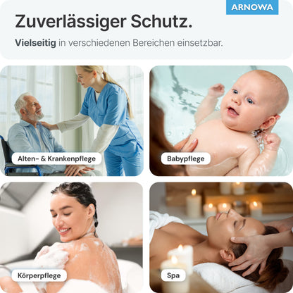 A collage shows a nurse helping an elderly man, a baby bath, a woman washing her shoulder, and a wellness massage. The text "Reliable Protection" highlights ARNOMED disposable wash gloves Spunlace with PE (ARNOWA GmbH), bag of 50 pieces.