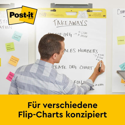 A man in a checkered shirt writes on a Post-it® Super Sticky self-adhesive Meeting Chart/Flipchart for wall mounting (58.4 x 50.8 cm, 20 sheets, 2 blocks) by 3M Deutschland GmbH, surrounded by sticky notes and cards.
