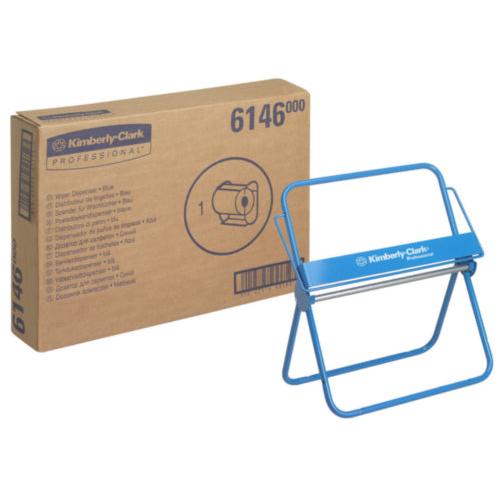 Pictured is a blue metal wall holder for large rolls from Diversey Germany in front of a brown box with the inscription "6146" and product details; delivery time approx. 4 weeks, package contains 1 piece.