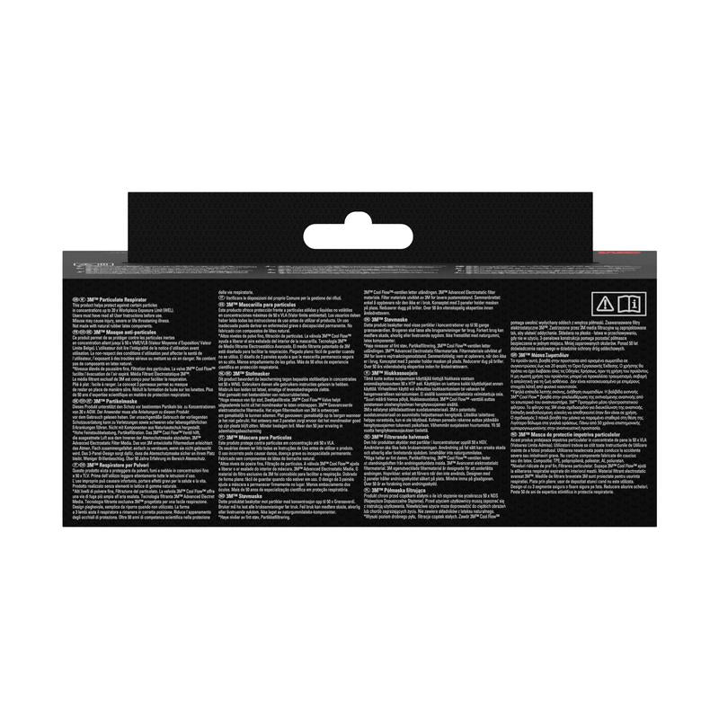 The back of the 3M™ Aura™ Comfort Cool Flow™ Particulate Respirator 9332+ FFP3 from 3M Deutschland GmbH features multilingual text columns, a hanging tab at the top edge, and two symbols on the right side with predominantly white text on a black background.