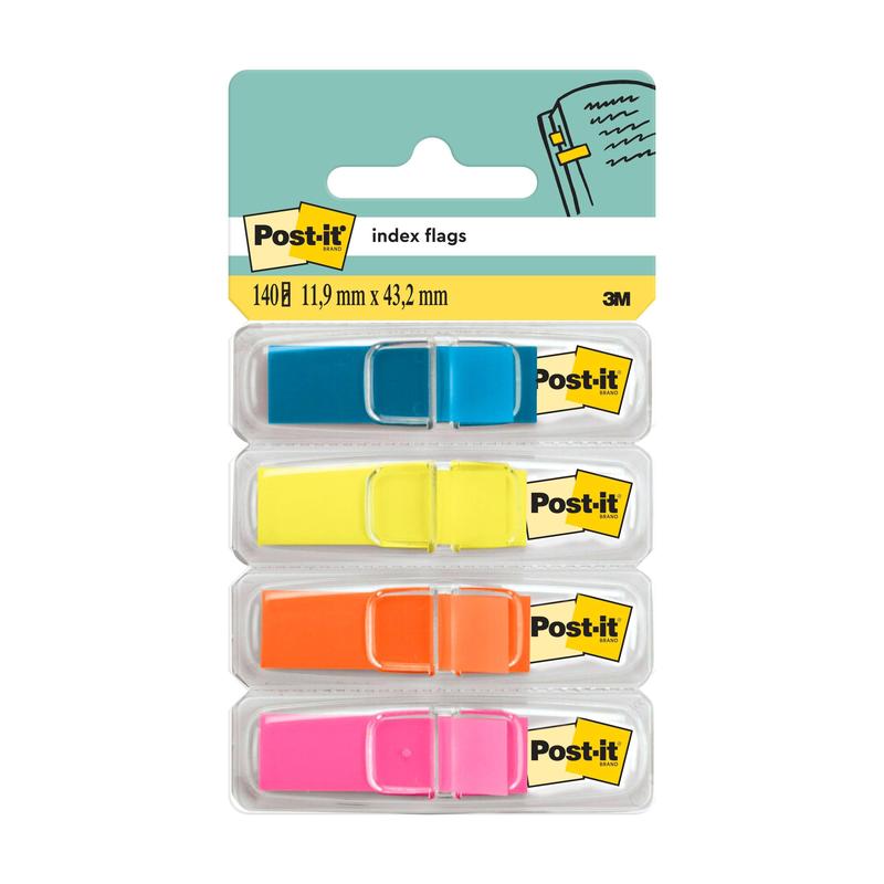 A pack of Post-it® Index Tabs, Mini (11.9 mm x 43.2 mm), from 3M Deutschland GmbH, contains four colored strips (blue, yellow, orange, pink) in dispensers with labels showing the logo and product details in English and metric.