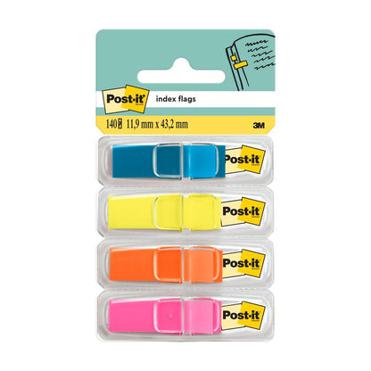 A pack of Post-it® Index Tabs, Mini (11.9 mm x 43.2 mm), from 3M Deutschland GmbH, contains four colored strips (blue, yellow, orange, pink) in dispensers with labels showing the logo and product details in English and metric.