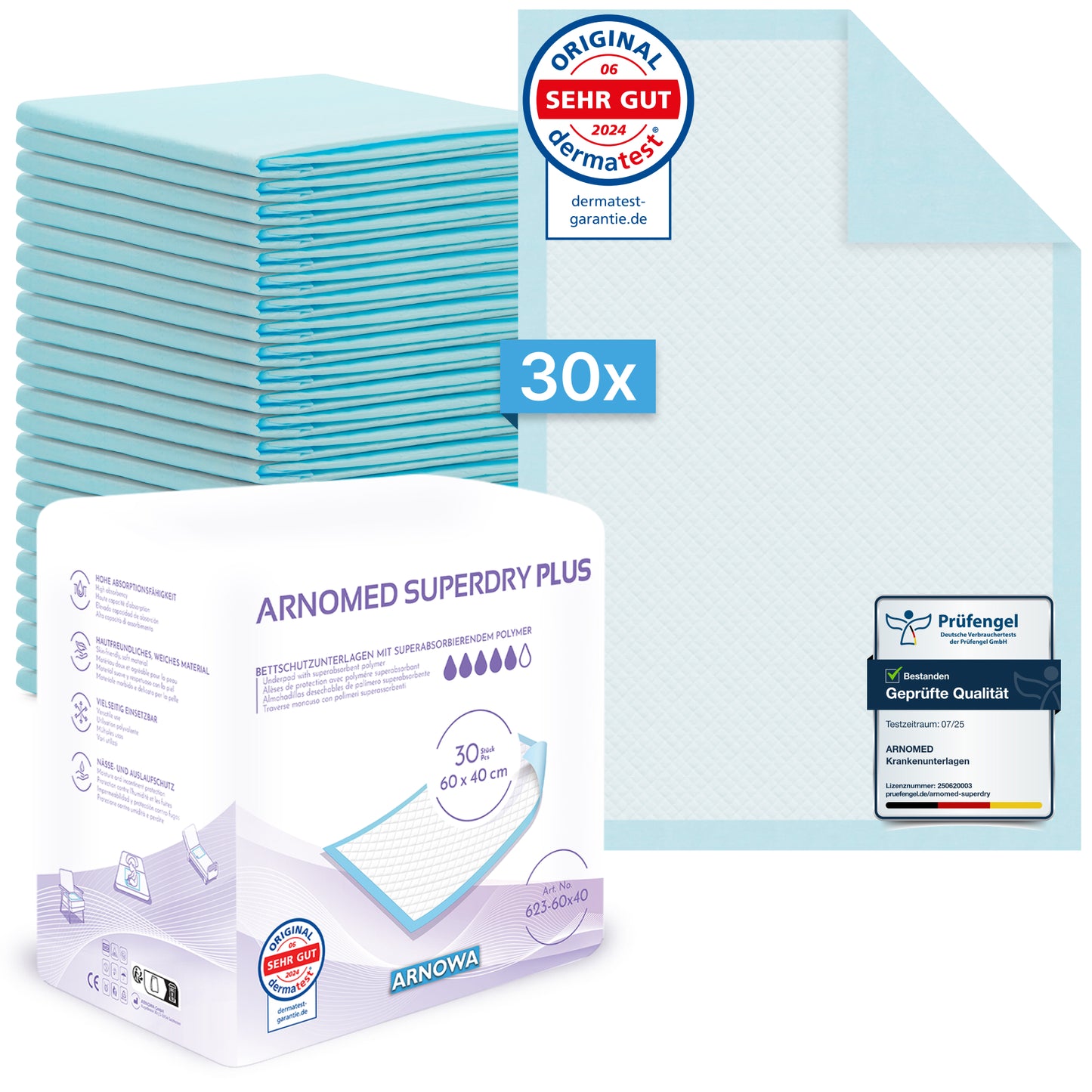 A stack of 30 blue ARNOMED SUPERDRY PLUS extra absorbent medical pads with SAP from ARNOWA GmbH is shown next to the packaging with visible certification and quality seals; a super absorbent pad is visible in the upper right corner.