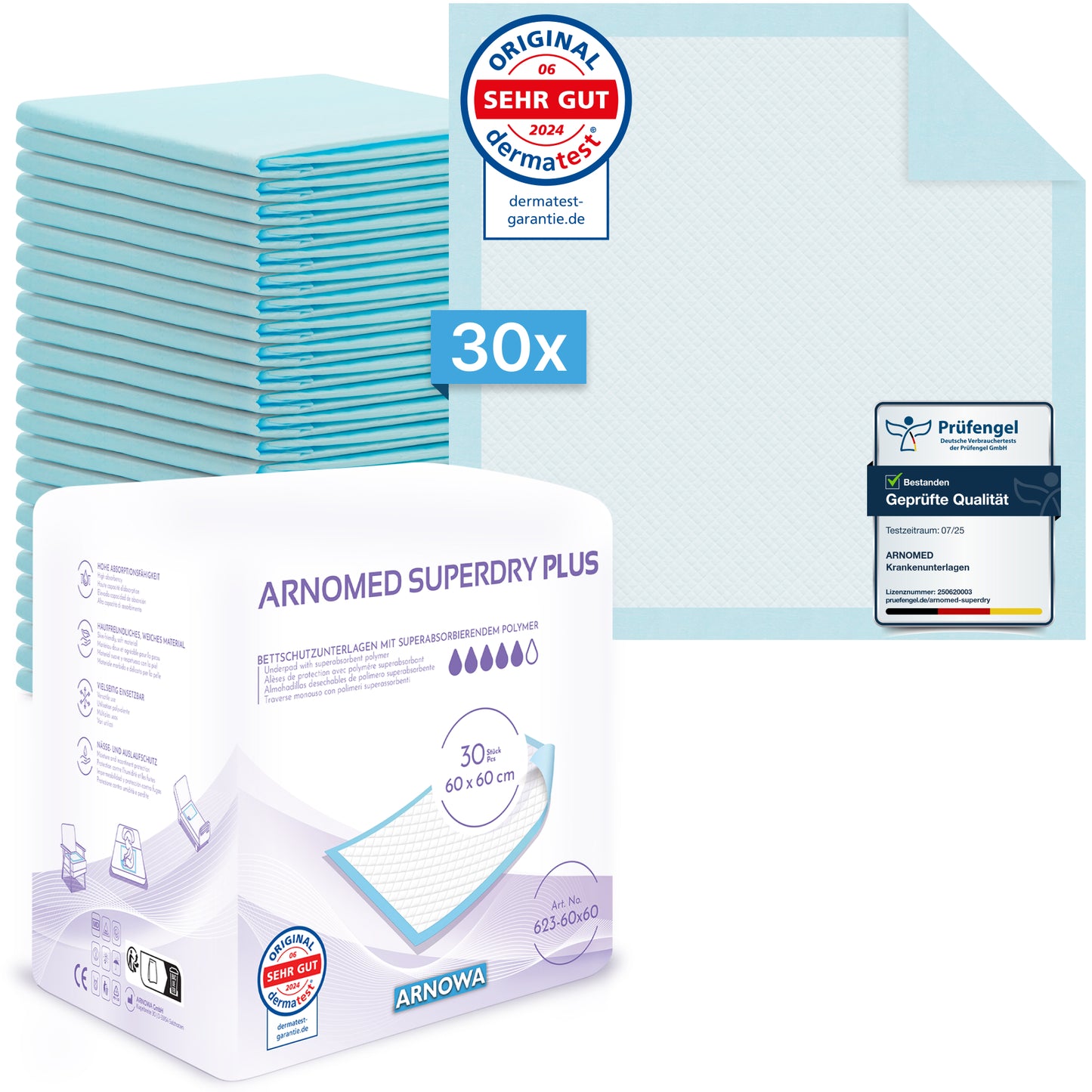 A stack of 30 blue ARNOMED SUPERDRY PLUS extra absorbent medical pads with SAP from ARNOWA GmbH, one unfolded. Certification seals and super absorber symbols underscore their reliable incontinence care.