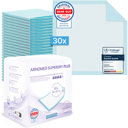 A stack of 30 blue ARNOMED SUPERDRY PLUS extra absorbent medical pads with SAP from ARNOWA GmbH, one unfolded. Certification seals and super absorber symbols underscore their reliable incontinence care.