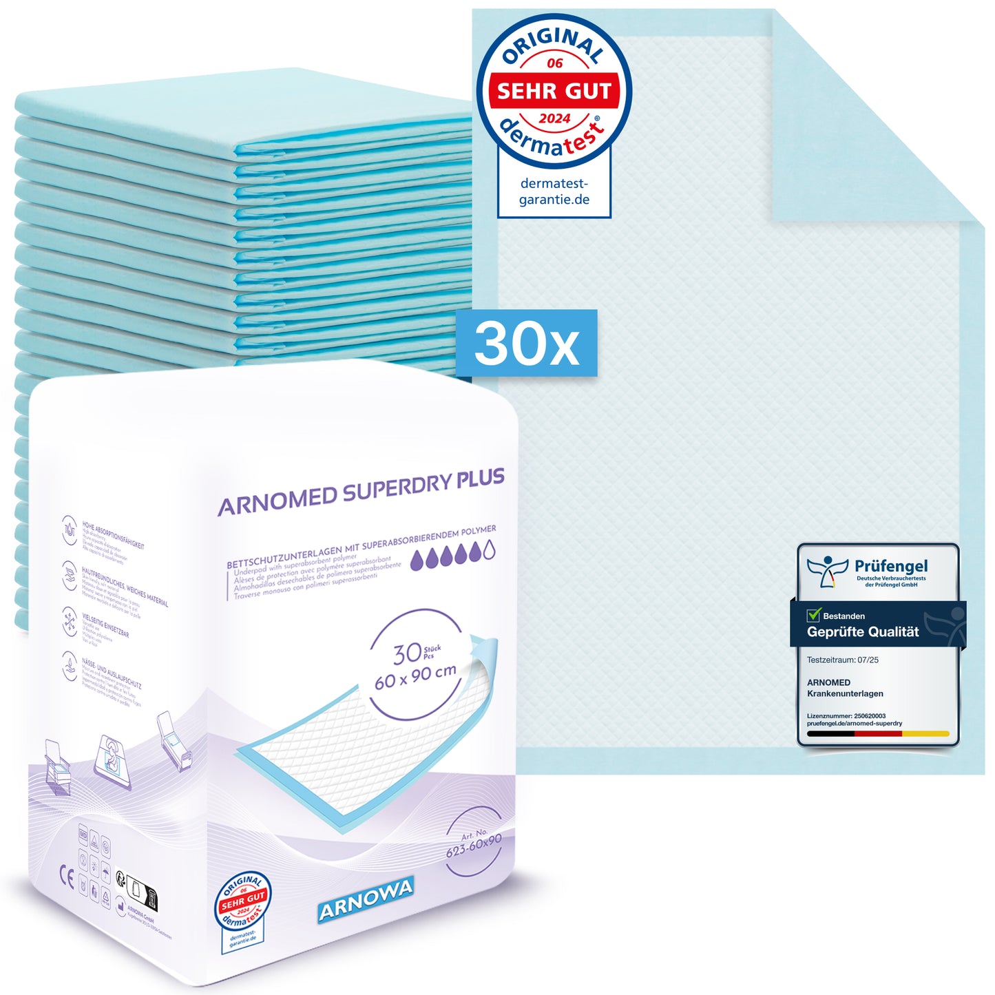 A pack of 30 ARNOMED SUPERDRY PLUS extra absorbent bed pads (ARNOWA GmbH), each 60x90 cm with SAP, unfolded and sealed for dermatest and quality shown. Super absorber ensures effective incontinence care.