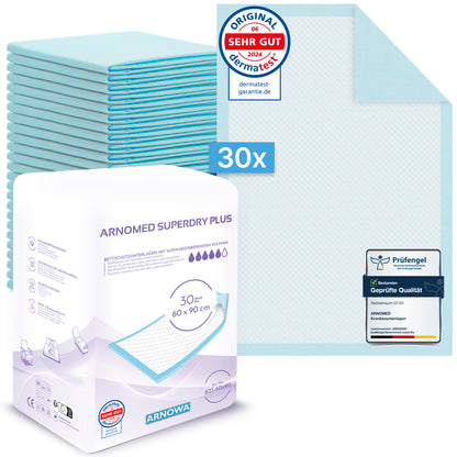 A pack of 30 ARNOMED SUPERDRY PLUS extra absorbent bed pads (ARNOWA GmbH), each 60x90 cm with SAP, unfolded and sealed for dermatest and quality shown. Super absorber ensures effective incontinence care.