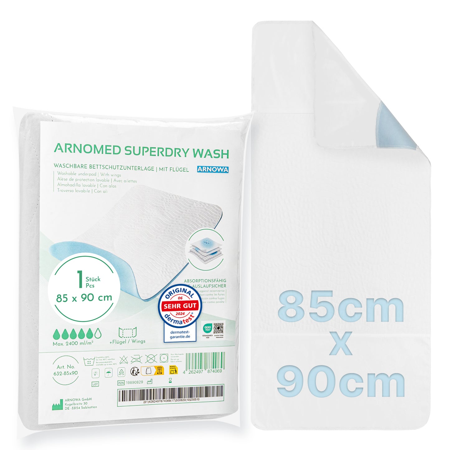 A packaged and unfolded ARNOMED Washable Bed Protection Pad with Wings, Superdry (1 piece, 85x90 cm) by ARNOWA GmbH; the packaging shows product information as well as a blue certification badge for bed protection in case of incontinence.