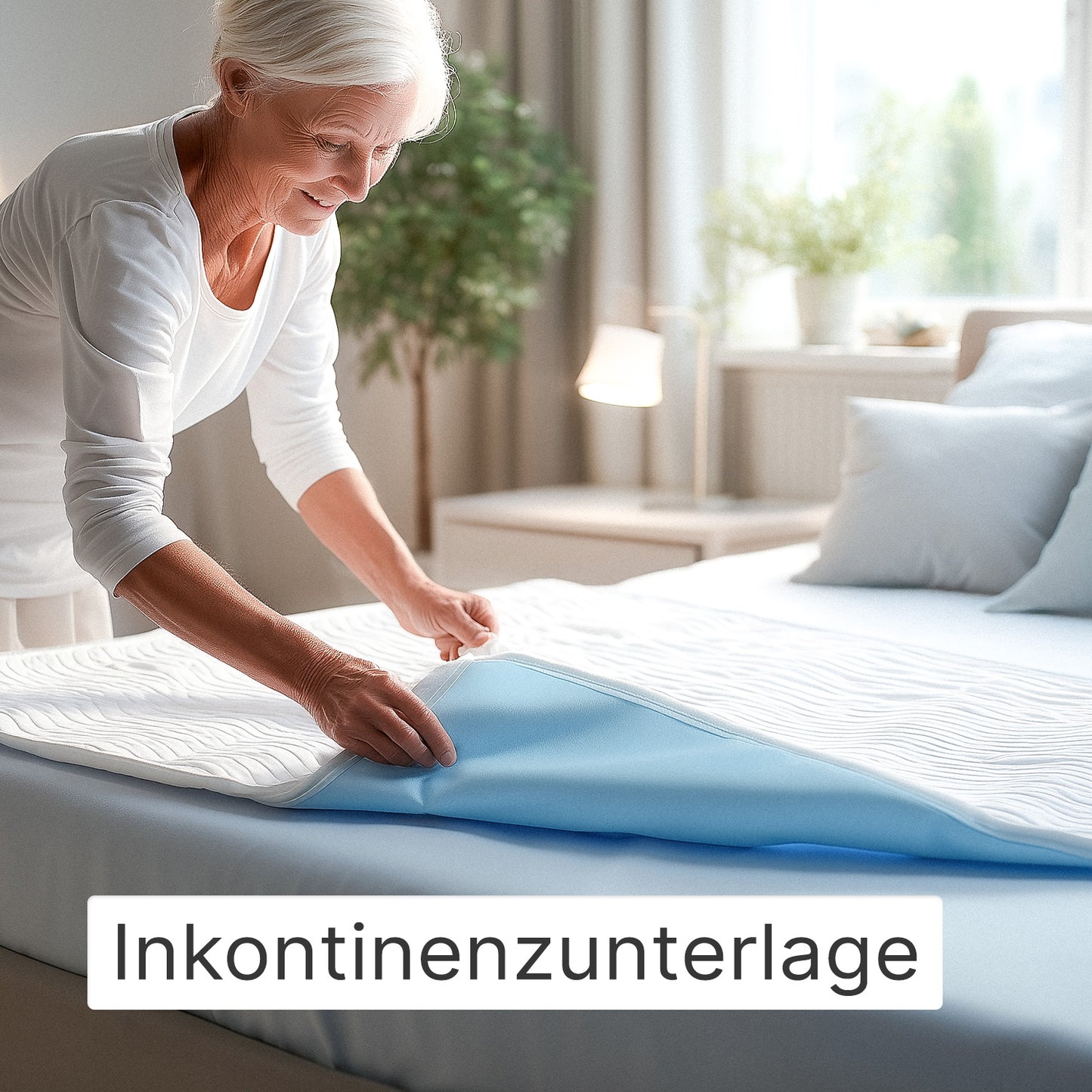 An elderly woman makes a bed in a bright room and places an ARNOMED Washable Bed Protection Pad with Wings, Superdry by ARNOWA GmbH on the mattress. The word "incontinence pad" appears at the bottom of the image.