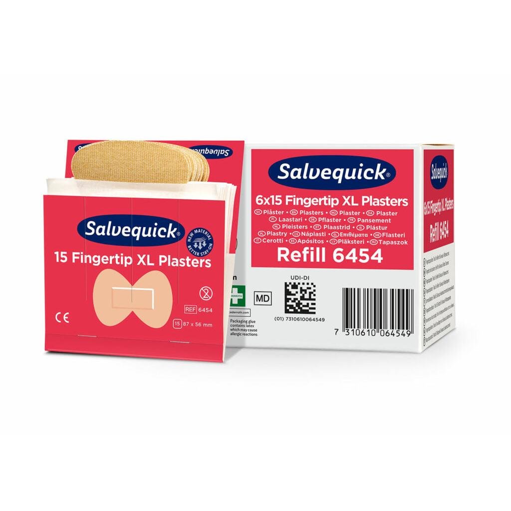 Pictured are a box and an opened pack of Orkla Wound Care AB XL Fingertip Textile Plasters, 15 pieces/mine | pack (6 pieces). The white-red packaging contains product information and illustrations of these flexible fingertip plasters.