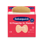 A red box of Orkla Wound Care AB XL Fingertip Textile Plasters, 15 pieces/mine (6 piece pack), with a partially removed plaster. The packaging displays the CE mark, dimensions, and an illustration of the fingertip shape.