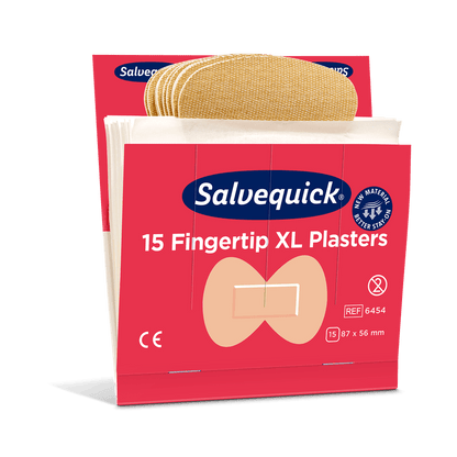 A pack of Orkla Wound Care AB XL Fingertip Textile Plasters (15 pieces/mine | pack, 6 pieces) with flexible beige plasters in a red and white box, each plaster measuring 87 x 56 mm.
