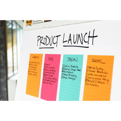 On a whiteboard with the heading "Product Launch," there are four columns with colorful, lined Post-it® Super Sticky Notes in large format (101 mm x 152 mm) from 3M Deutschland GmbH, each containing checklists for Karen, Rob, Jason, and Rachel.