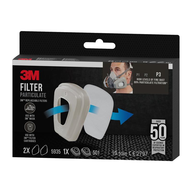 A package of 3M™ Particulate Filter 5935, P3 (2 pairs) and filter holder 501 (1 pair) from 3M Deutschland GmbH, with P3 filtration, compatibility with 3M masks, and detailed packaging information.