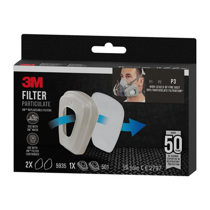 A package of 3M™ Particulate Filter 5935, P3 (2 pairs) and filter holder 501 (1 pair) from 3M Deutschland GmbH, with P3 filtration, compatibility with 3M masks, and detailed packaging information.