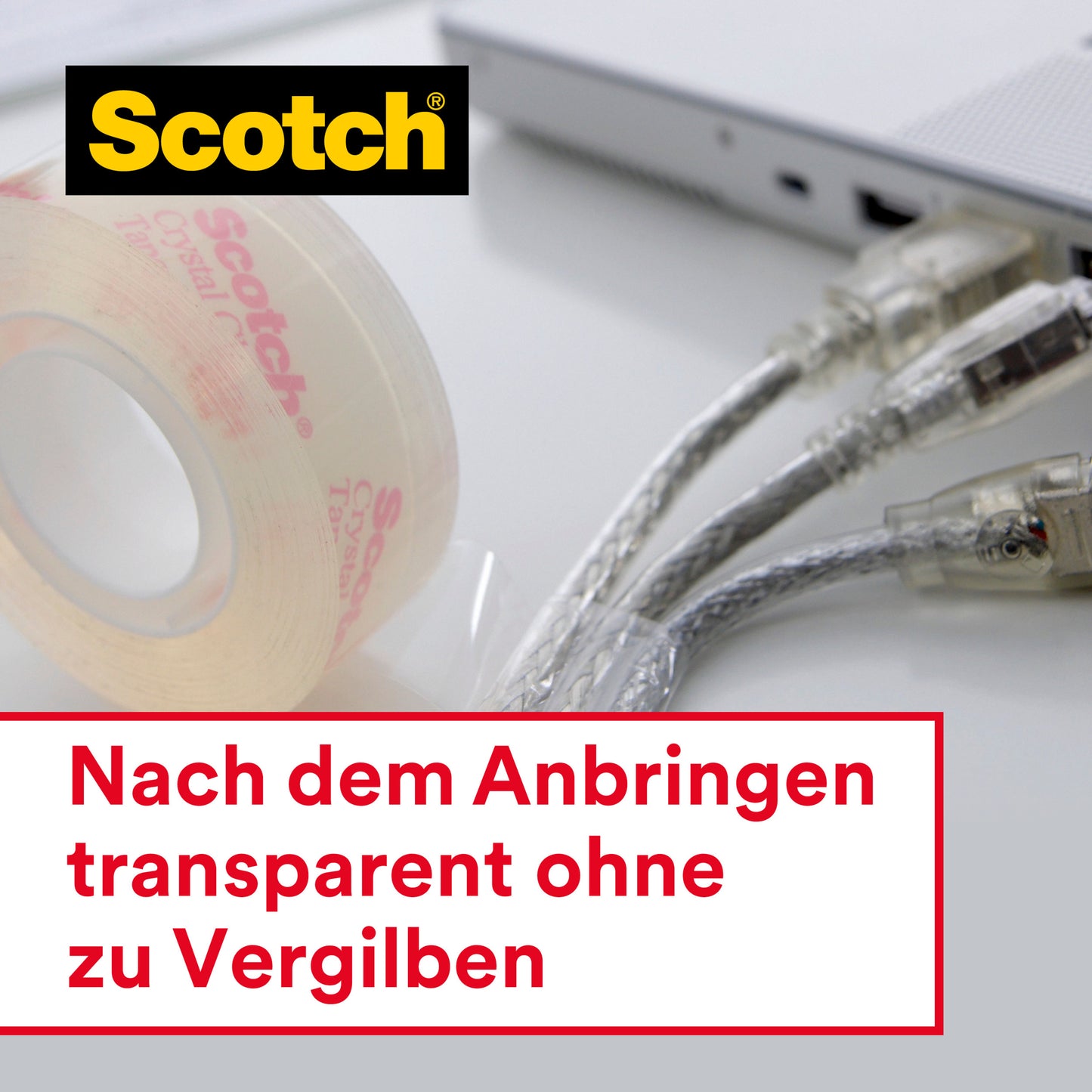 Ein Vorteilspack Scotch® Crystal Klebeband (19 mm x 33 m, 14 Rollen) von 3M Deutschland GmbH liegt neben drei Ethernet-Kabeln und einem silbernen Laptop. Text: "Nach dem Anbringen transparent ohne zu vergilben.