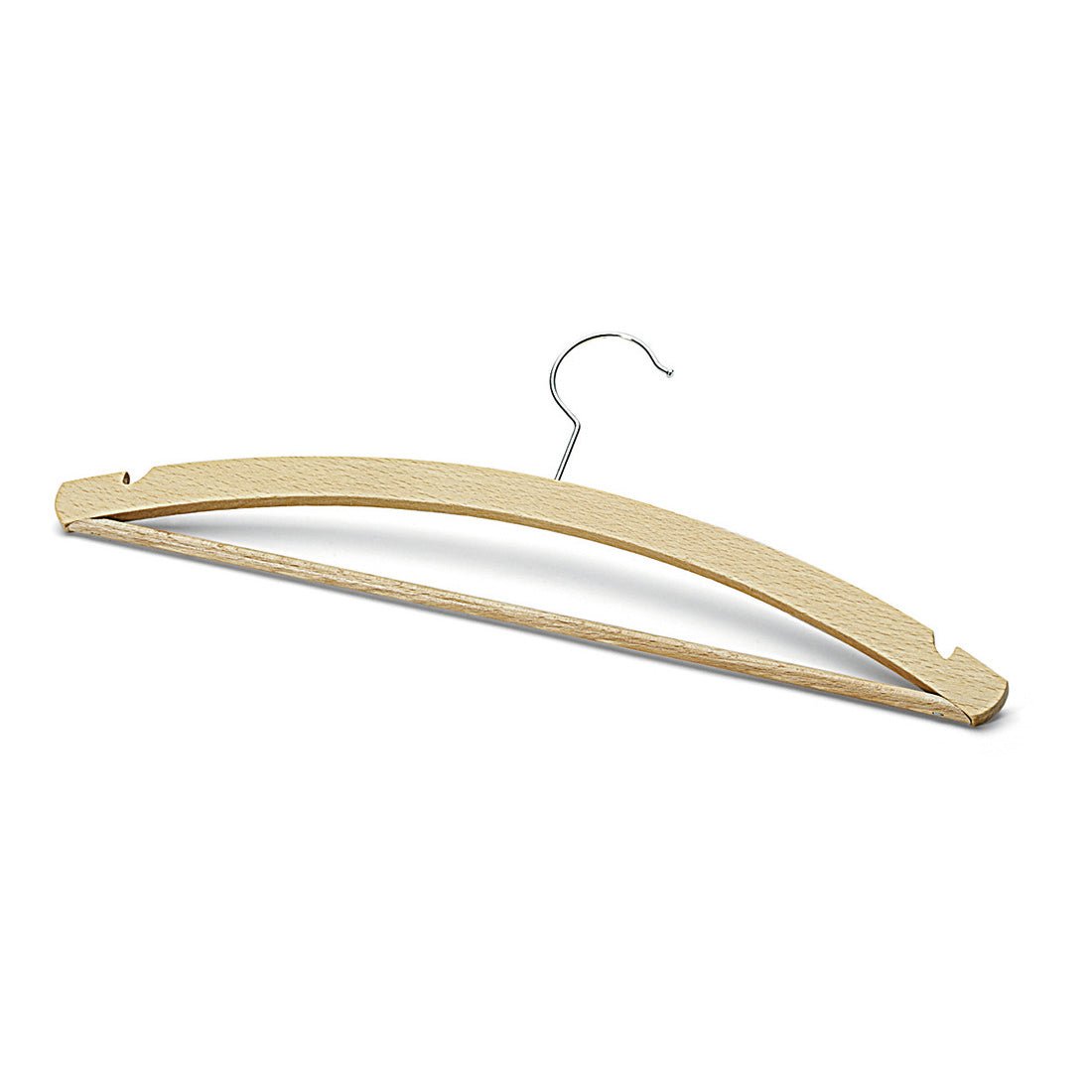 The Nölle Profi Brush clothes hanger made of beech (42 cm, 8 mm) from Nölle Profi Brush Bürsten- & Pinseltechnik e.K. has a silver hook, notched shoulders, and a bar for trousers or skirts, depicted on a white background.
