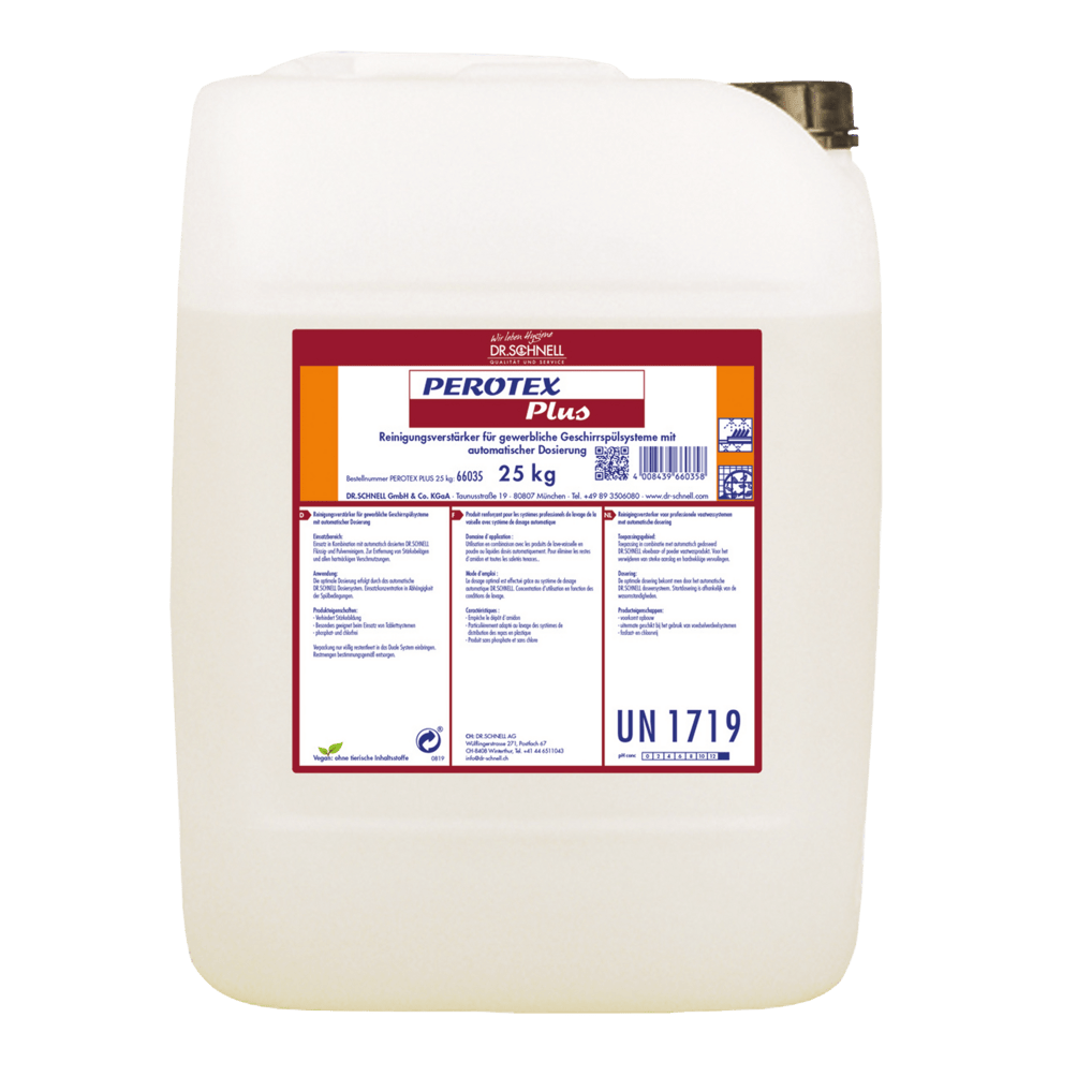 A white 25 kg plastic container from DR.SCHNELL GmbH & Co. KGaA PEROTEX PLUS dishwashing detergent for commercial dishwashers is equipped with a red and white German label with details and a black screw cap.