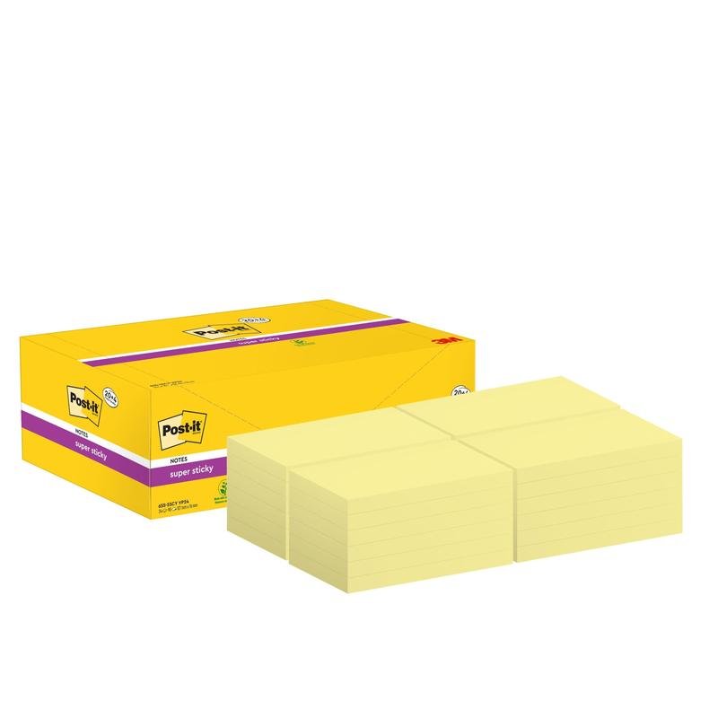 A pack of 3M Post-it® Super Sticky Notes, Yellow, 76 x 127 mm, 90 sheets/block (24 blocks/pack), is neatly placed next to stacks of light yellow sticky notes, all arranged on a white background.