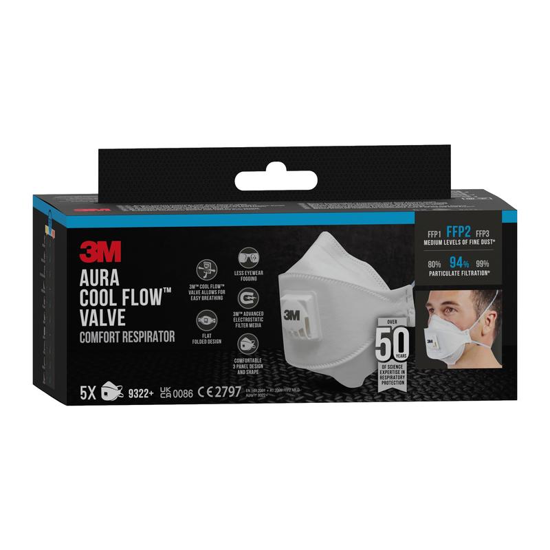 A black-blue box of the 3M™ Aura™ Comfort Cool Flow™ Particulate Respirator 9322+, FFP2, with valve from 3M Deutschland GmbH shows a white mask image and product information. The package contains 5 FFP2 masks with particle filtration of up to 94%.