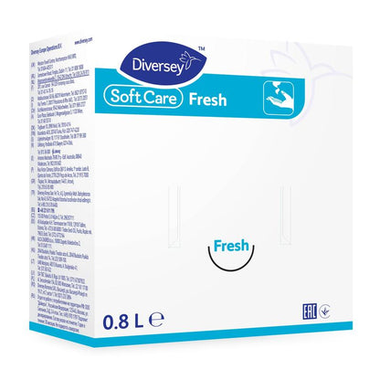 The image shows a predominantly white 0.8-liter box of Soft Care Fresh, Mild Handwash Lotion from Diversey Deutschland GmbH & Co. OHG with blue text, product and brand logos, and a symbol for hands being washed for gentle cleaning.