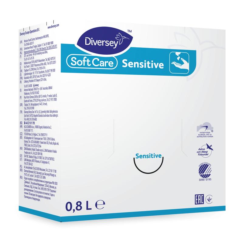 A 0.8-liter box of Soft Care Sensitive hand soap from Diversey Deutschland GmbH & Co. OHG in blue-white packaging, ideal for sensitive skin. Multilingual product information and certification logos are displayed on the front.